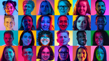 Collage. Portraits of different people of diverse age, gender and nationality smiling against multicolored background in neon light. Concept of human emotions, youth, lifestyle, facial expression. Ad