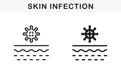 Bacteria on Skin Line and Silhouette Black Icon Set. Microorganisms on Structure of Human Dermis Pictogram. Skin Layer with Microbes Flora and Virus Symbol Collection. Isolated Vector Illustration