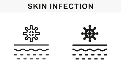 Obraz premium Bacteria on Skin Line and Silhouette Black Icon Set. Microorganisms on Structure of Human Dermis Pictogram. Skin Layer with Microbes Flora and Virus Symbol Collection. Isolated Vector Illustration