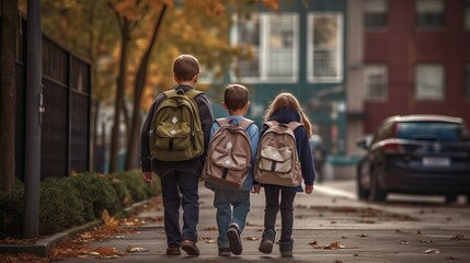 school students walking on the street - school friends a boys and girls with school backpacks on their backs walk after class - education and school concept, Generative AI