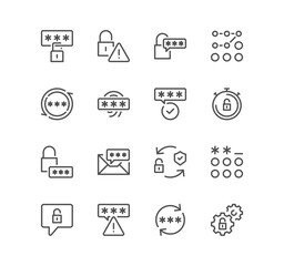 Set of password related icons, security alert, key, authorization, password combination, finger print and linear variety vectors.