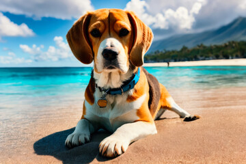 Digital photo of a cute Beagle  lies on the tropical beach on a sunny day. Wildlife imagery, the concept of ecological environment. Generative AI