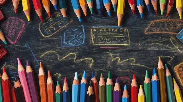Colorful crayons on the blackboard, drawing. Back to school background, Generative AI