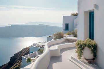 Fototapeta premium Cozy mediterranean street. Modern white elegant greek house exterior with sea view, blue door and blooming plant climbing a wall. Traditional villa of Santorini. Generative AI, human enhanced