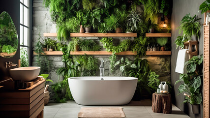 Interior of modern bathroom with brick walls, white bathtub and green plants. Biophilic design. Generative AI.