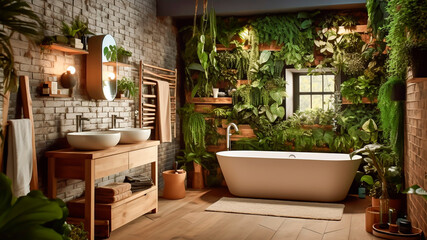 Interior of modern bathroom with green plants. Biophilic design. Generative AI.