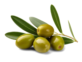 Foto op Plexiglas Green olives with leaves isolated on transparent or white background, png © Medard
