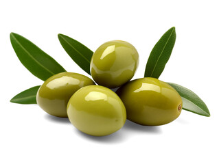 Green olives with leaves isolated on transparent or white background, png