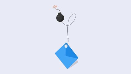 Phishing email concept with fishing hook and exploding bomb, Vector Flat Illustration