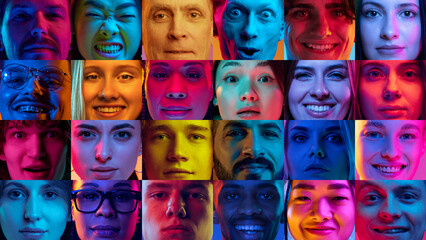 Collage made of close-up portraits of different people, men and women looking at camera over multicolored background in neon light. Concept of human emotions, youth, lifestyle, facial expression. Ad - obrazy, fototapety, plakaty