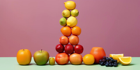 Naklejka na ściany i meble Equilibrium food balance diet concept. Balancing pyramid or tower of fruits. Generative AI