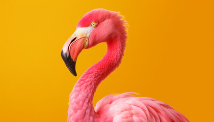 Fototapeta premium Pink flamingo in yellow background