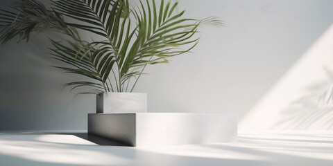 White product display podium with nature palm leaves. Generative AI