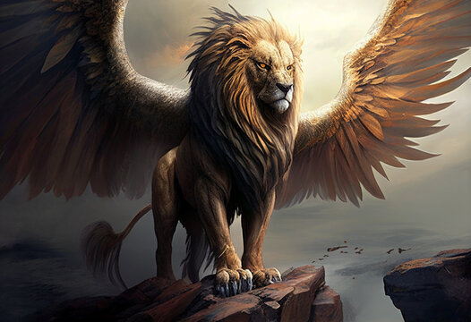A huge lion with wings stands on the edge of a cliff. AI Generated