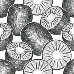 Hand drawn sketch style kiwi seamless pattern. Organic fresh fruit vector illustration. Retro kiwi fruit background