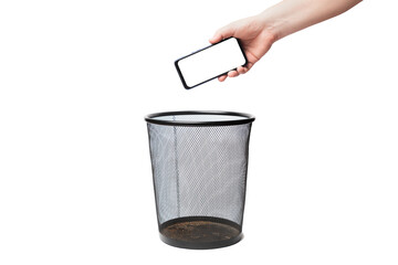Man dump a blank screen smartphone in a trash bin