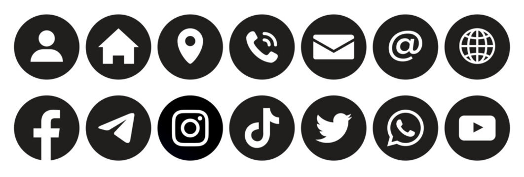  Set of popular social media logo with contact icon. editorial set. Facebook, instagram, twitter, youtube, telegram