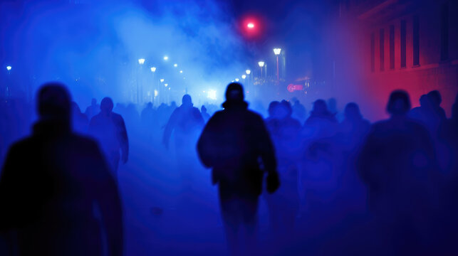 Red-blue police flasher, siluets of rioting people. Generative AI