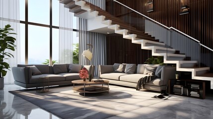 Modern Luxury Living Room Interior with Gray Marble Staircase, Tempered Glass Panel, Black Steel Handrail, Sunlit Beige Walls, and Sofa on Granite Floor  3D Background - ai generated