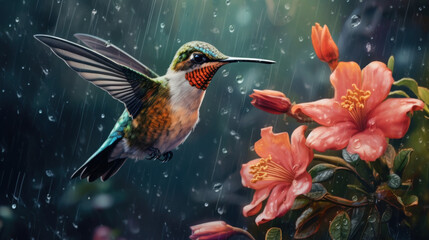 Naklejka premium The hummingbird and flowers raining 
