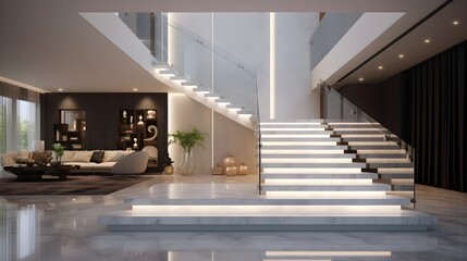 Fototapeta premium Modern Luxury Living Room Interior with Gray Marble Staircase, Tempered Glass Panel, Black Steel Handrail, Sunlit Beige Walls, and Sofa on Granite Floor 3D Background - ai generated