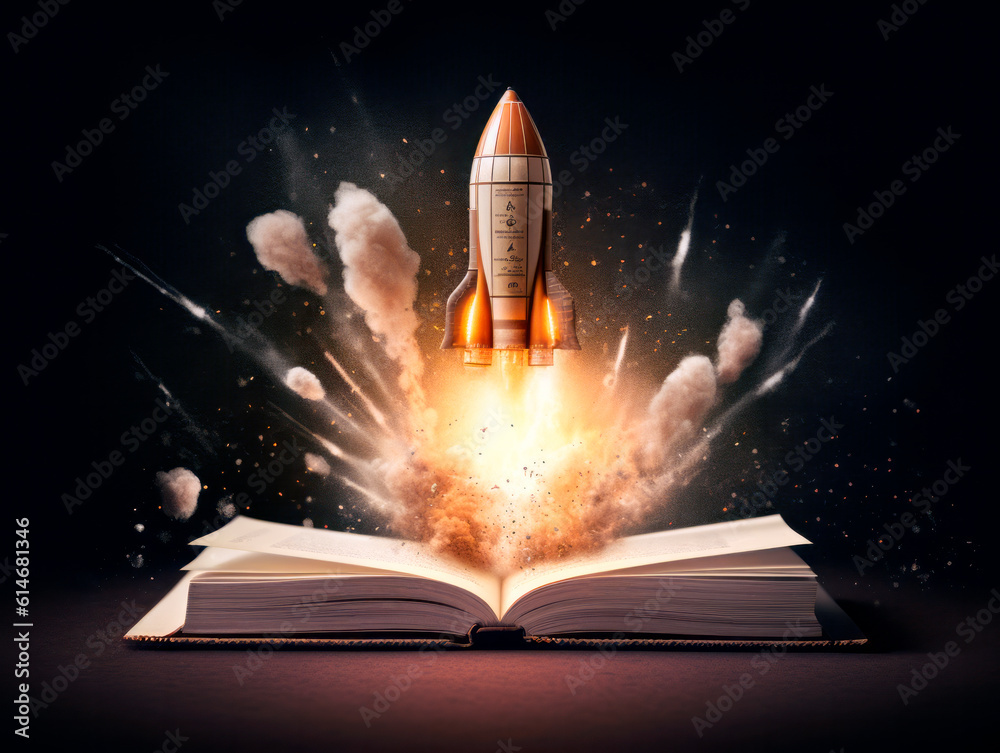 Aufkleber Rocket starts from open book. Spaceship launch from dictionary. Concept of a successful start up of a business. and education. Creative idea. Ai Generative illustration