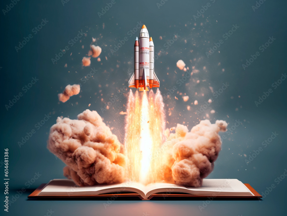 Aufkleber Rocket starts from open book. Spaceship launch from dictionary. Concept of a successful start up of a business. and education. Creative idea. Ai Generative illustration