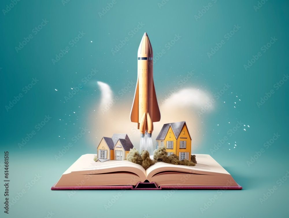 Poster Rocket starts from open book. Spaceship launch from dictionary. Concept of a successful start up of a business. and education. Creative idea. Ai Generative illustration