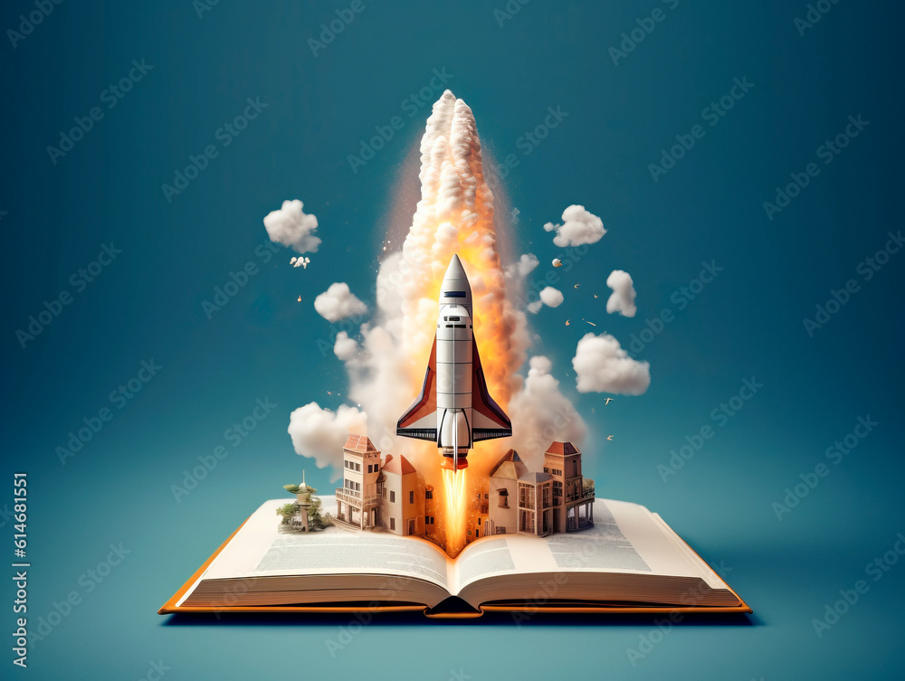 Poster Rocket starts from open book. Spaceship launch from dictionary. Concept of a successful start up of a business. and education. Creative idea. Ai Generative illustration