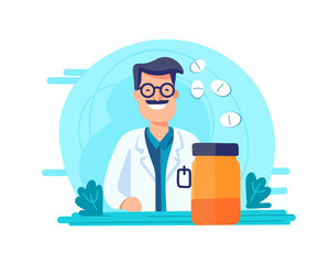 Happy doctor formatsevt with pills, vector illustration