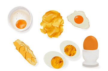 Set of many cooked eggs in different styles
