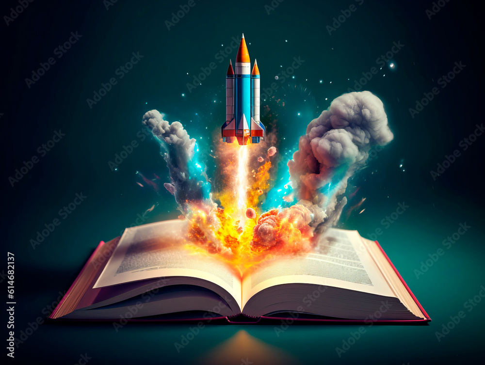 Poster Rocket starts from open book. Spaceship launch from dictionary. Concept of a successful start up of a business. and education. Creative idea. Ai Generative illustration