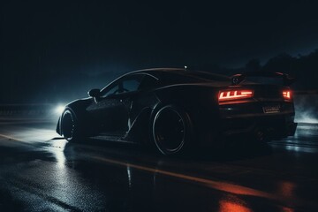 Fototapeta na wymiar Black racing car on highway at night. Generative AI