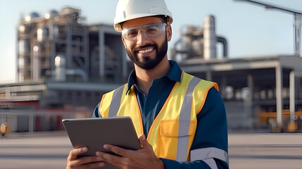 An engineer working at power plant, holding a tablet. Generative AI. - obrazy, fototapety, plakaty