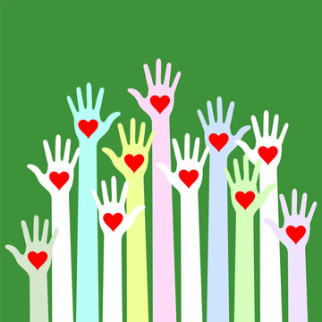 Colorful caring up hands with red hearts illustration on green background. Volunteers hands up logo emblem. Vector hands up icon. Design element for the education, health care, medical, volunteer.