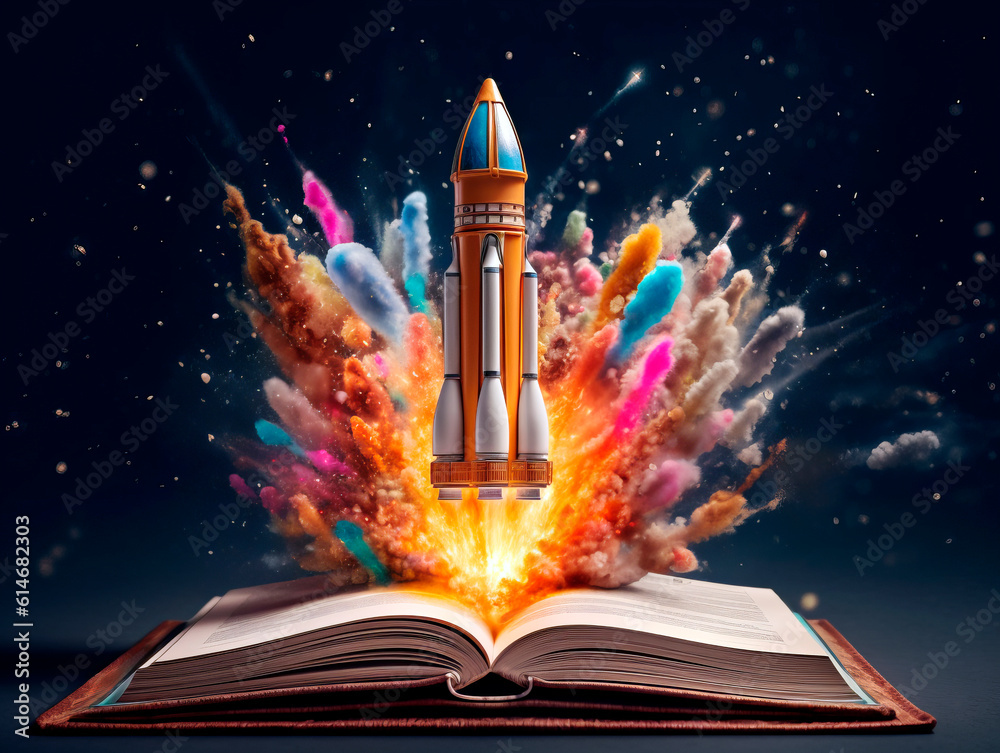 Aufkleber Rocket starts from open book. Spaceship launch from dictionary. Concept of a successful start up of a business. and education. Creative idea. Ai Generative illustration