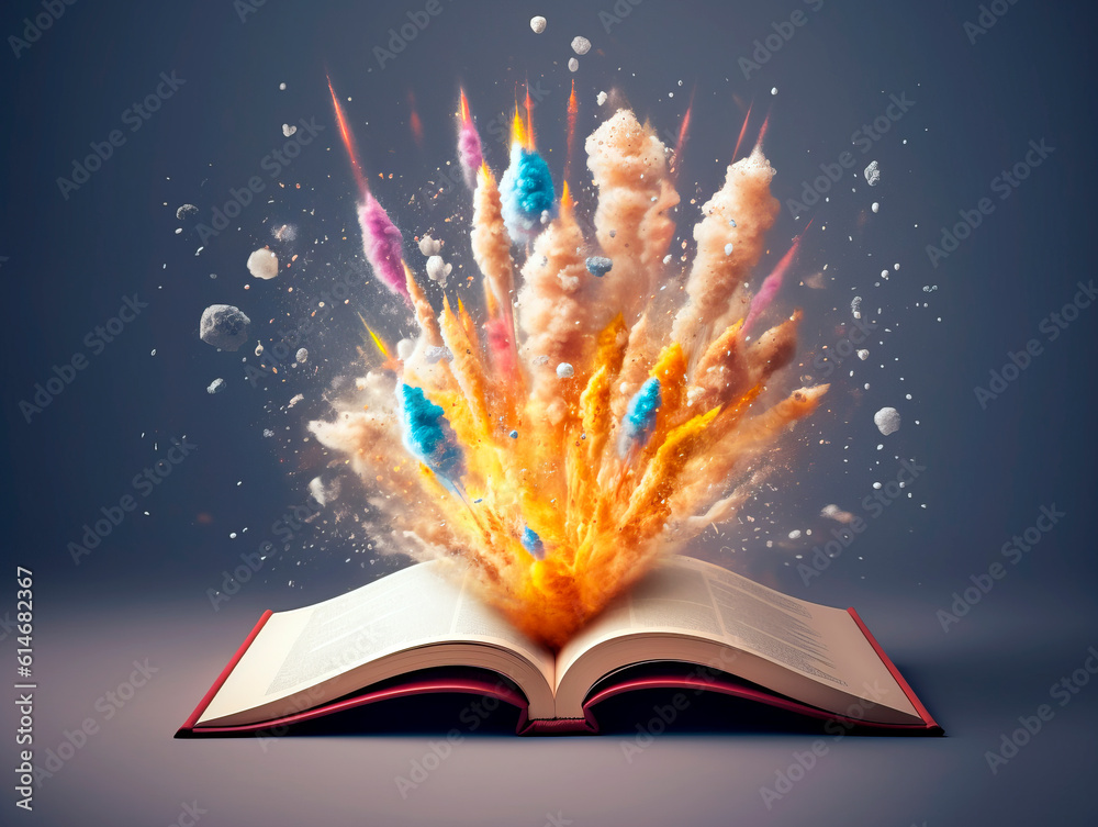 Poster colorful explosion splash from open book. concept of a successful start up of a business. and educat