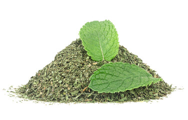 Fresh mint leaves with pile of dried mint isolated on a white background © domnitsky