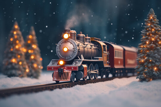 Christmas train on a snowy day with fir trees in the background created with generative AI tools
