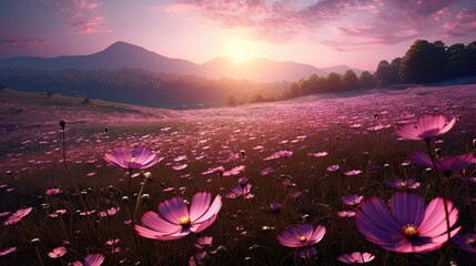 Beautiful Pink Cosmos Nature Landscape with Sunrise
