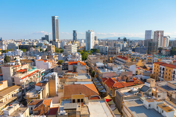 Nicosia downtown district view from above . Aerial view of Nicosia Cyprus capital city  - obrazy, fototapety, plakaty