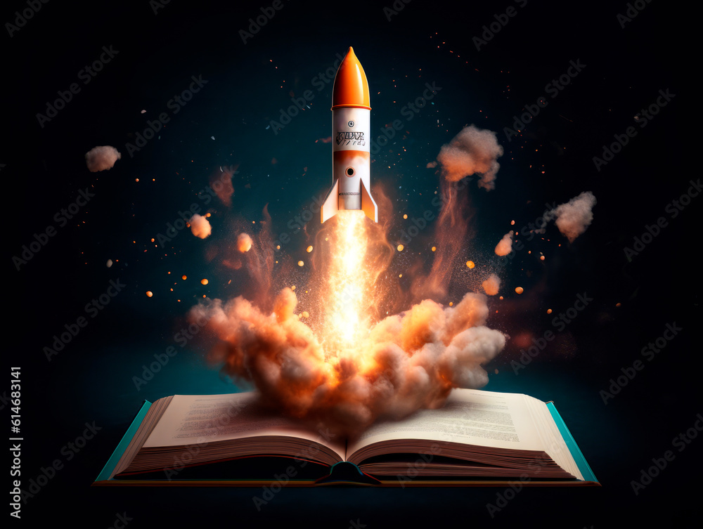 Poster Rocket starts from open book. Spaceship launch from dictionary. Concept of a successful start up of a business. and education. Creative idea. Ai Generative illustration