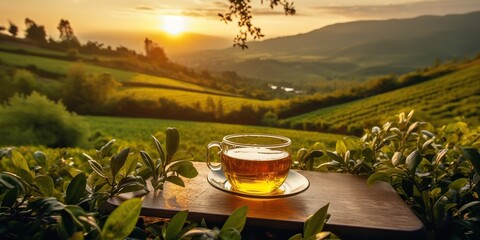 AI Generated. AI Generative. Cup of green tea with field green plantation mountain background scene. Graphic Art - obrazy, fototapety, plakaty
