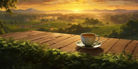 AI Generated. AI Generative. Cup of green tea with field green plantation mountain background scene. Graphic Art