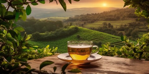 AI Generated. AI Generative. Cup of green tea with field green plantation mountain background scene. Graphic Art - obrazy, fototapety, plakaty