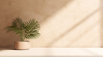 minimal blank beige brown smooth wall with green tropical tree in sunlight, leaf shadow for luxury nature