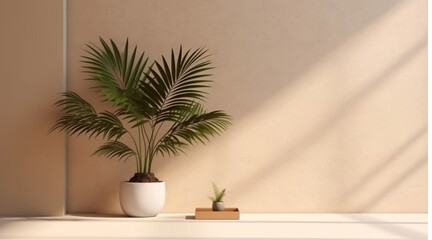 minimal blank beige brown smooth wall with green tropical tree in sunlight, leaf shadow for luxury nature