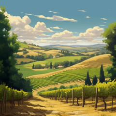 Fototapeta na wymiar A picturesque vineyard basking in the summer sun, with rows of grapevines stretching into the distance Generative AI