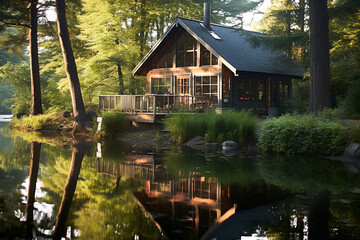 Obraz premium A tranquil cabin by a serene lake, surrounded by towering trees and a peaceful atmosphere Generative AI