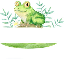 Watercolor Frame With Cute Frog Sitting on a Rock And Daisy Flowers